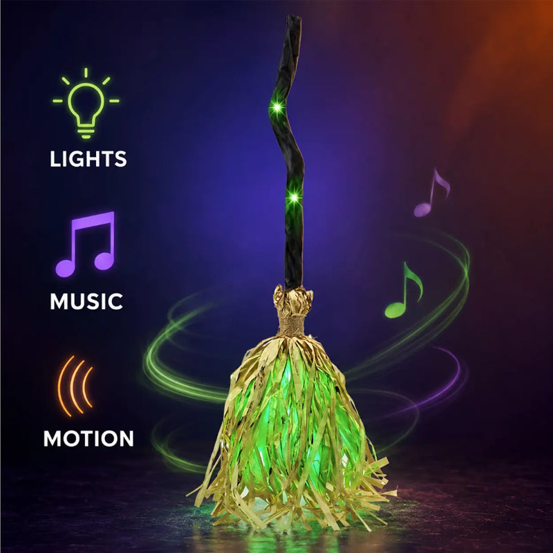 🧹 Animated Flying Witch Broom, Auto Moving Halloween Prop with Creepy Cackles, Green LED & Bendable Stem