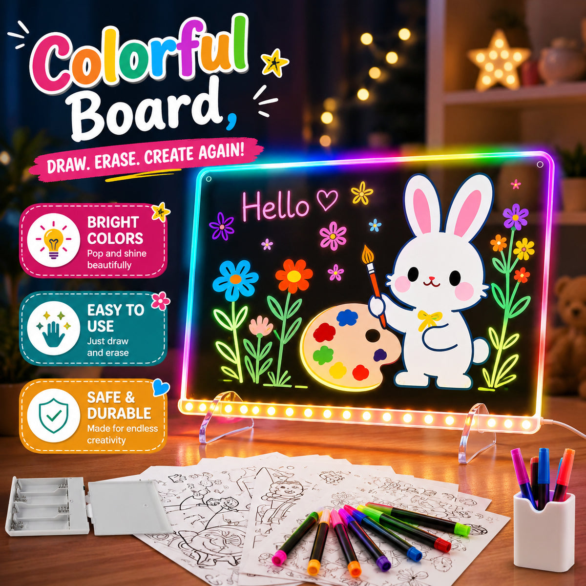 LED Glow Drawing Board for Kids, Reusable Colorful Light-Up Writing & Doodle Board