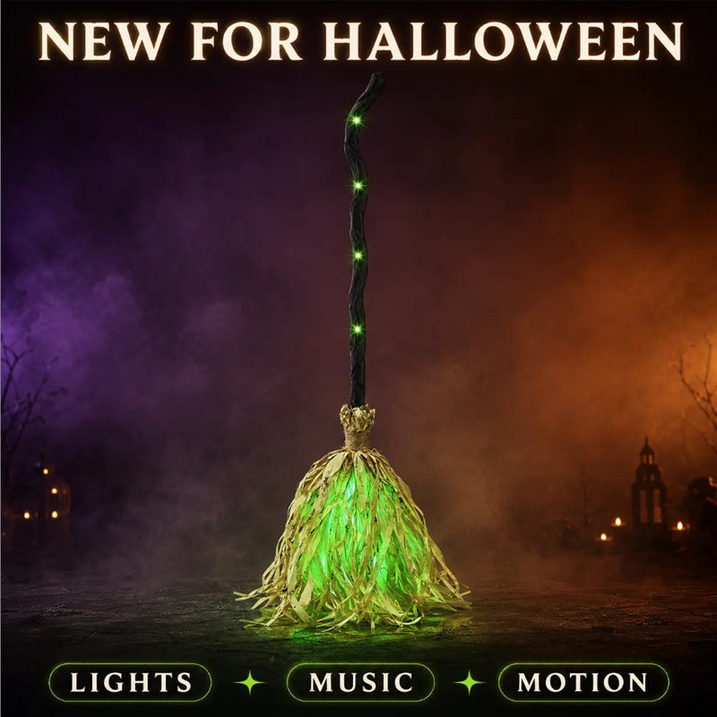 🧹 Animated Flying Witch Broom, Auto Moving Halloween Prop with Creepy Cackles, Green LED & Bendable Stem
