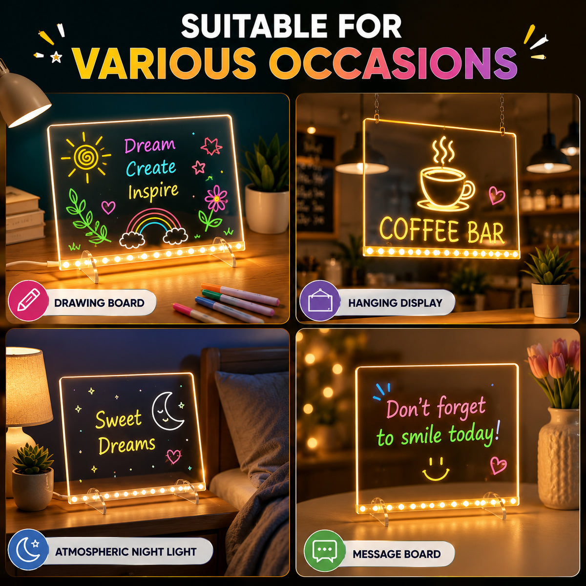 LED Glow Drawing Board for Kids, Reusable Colorful Light-Up Writing & Doodle Board