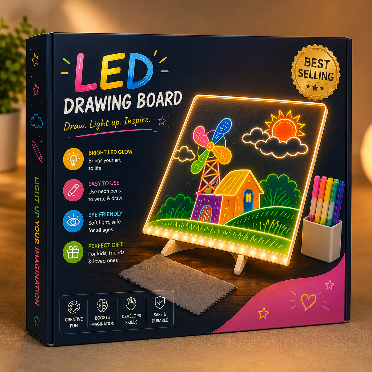 LED Glow Drawing Board for Kids, Reusable Colorful Light-Up Writing & Doodle Board
