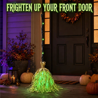 🧹 Animated Flying Witch Broom, Auto Moving Halloween Prop with Creepy Cackles, Green LED & Bendable Stem