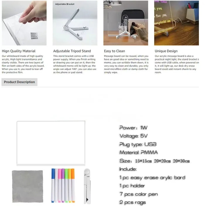LED Acrylic Glow Drawing Board, Multi-Color Light Pad, USB Rechargeable Erasable Portable Drawing Tablet for Kids Adults