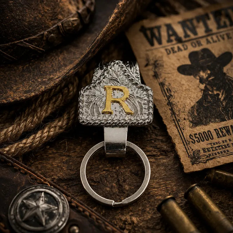 Personalized Cow Tag Keychain – Western Belt & Key Holder with Initial