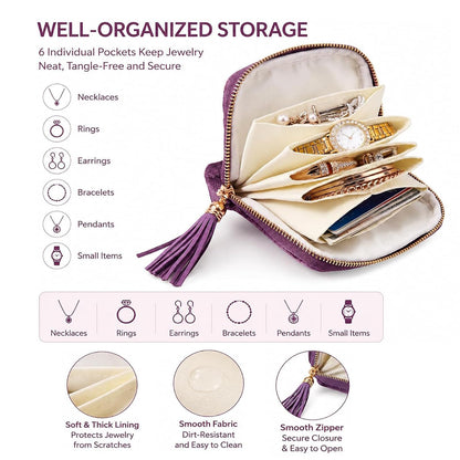 Portable Jewelry Travel Organizer Bag – Zippered Case with 6 Compartments